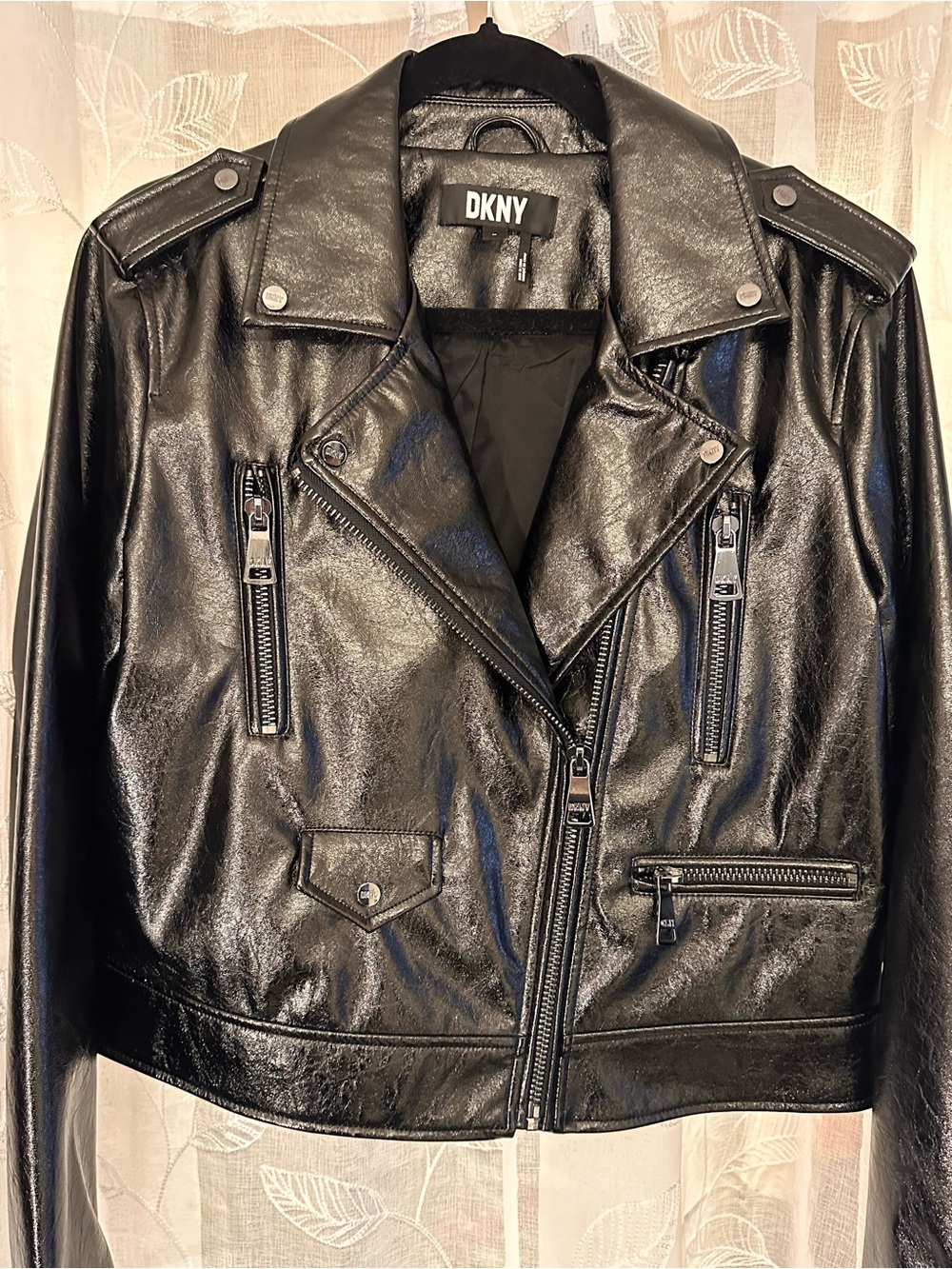 DKNY Black Faux Patent Leather Moto Jacket